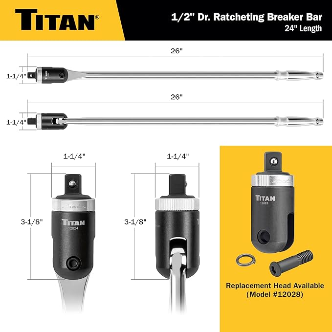 Titan 12024 1/2-Inch Drive x 24-Inch Heavy-Duty Ratcheting Breaker Bar with 180-Degree Swivel Head