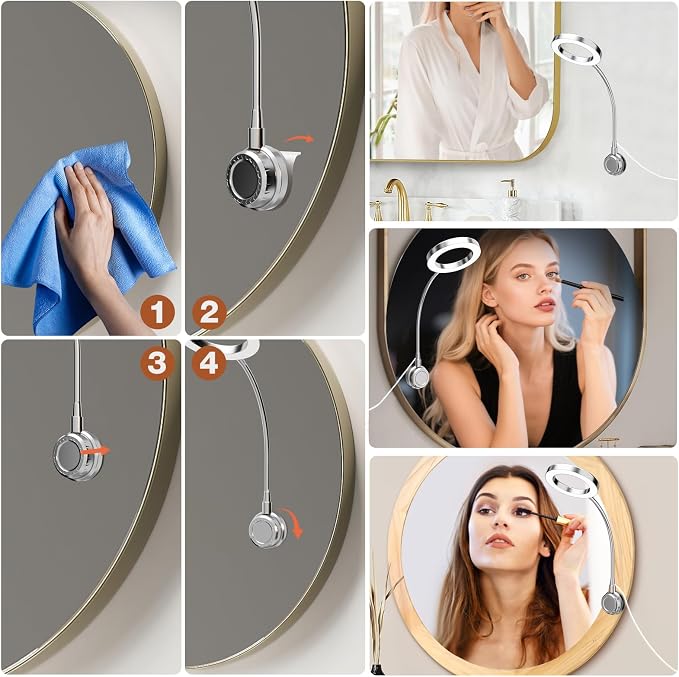 Suction Cup LED Vantiy Lights for Mirror, Flexible Gooseneck Stick on Selfie