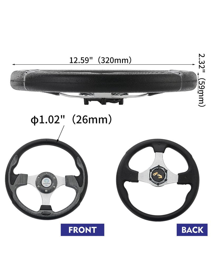 Universal Racing Steering Wheel for Golf Cart, EZGO Yamaha Club Car DS & Precedent, Aluminum with Horn Button for Car, 12.5”/320mm 6 Bolts Grip Vinyl Leather, black & carbon fiber