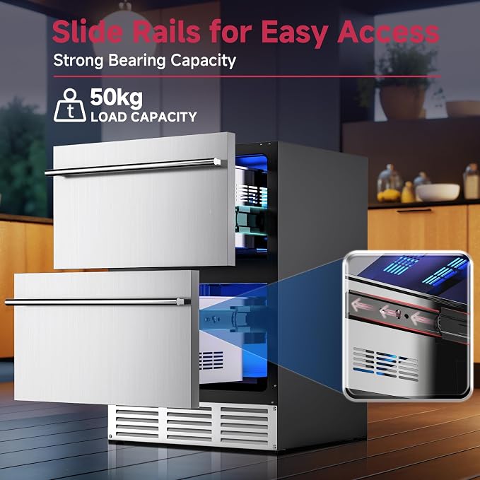 24 Inch Under Counter Drawer Fridge, Stainless Steel Beverage Refrigerator Built-In For Home & Commercial Use, Stainless Steel Silver, Outdoor Refrigerator for Soda, Beer, Wine