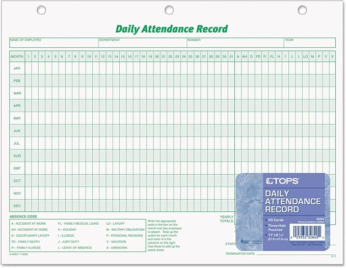 TOPS Daily Attendance Record, Loose-Leaf Style, 8.5 x 11 Inches, 50 Forms per
