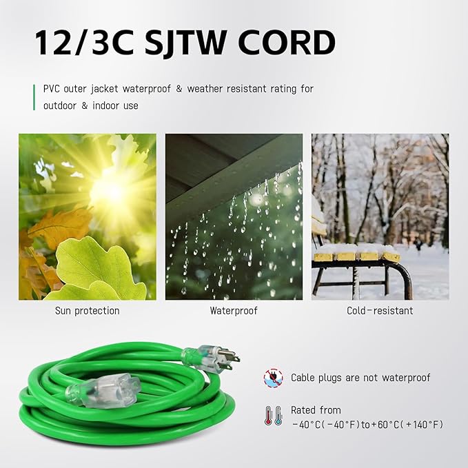 EP 6 Ft Outdoor Extension Cord, 12/3 SJTW Heavy Duty Waterproof Power Cable, 3 Prong Grounded Plug, Lighted End, for Lawn, Garden, Appliances, Green