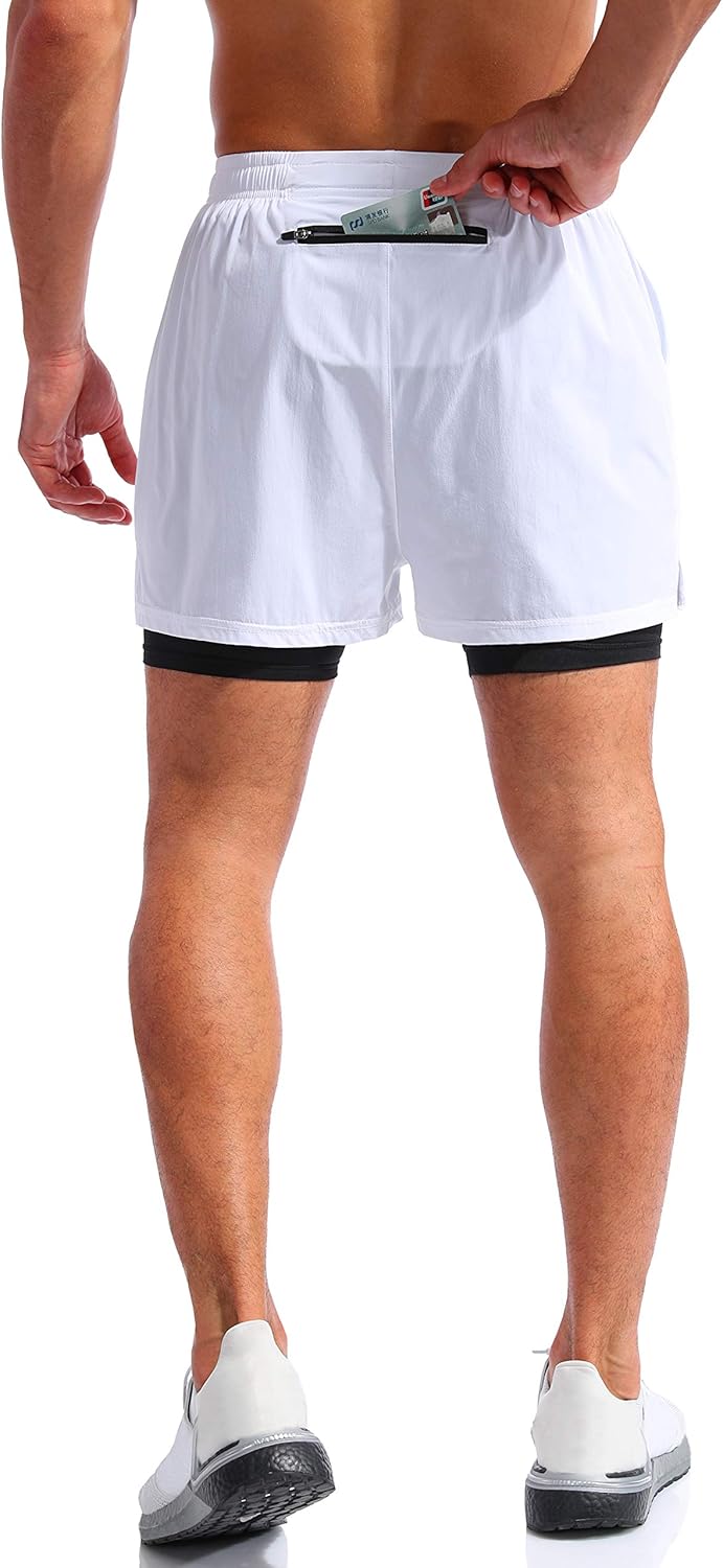 Pudolla Men's 2-in-1 Running Shorts - Quick Dry Athletic Workout Shorts with Phone Pockets | 5" Length