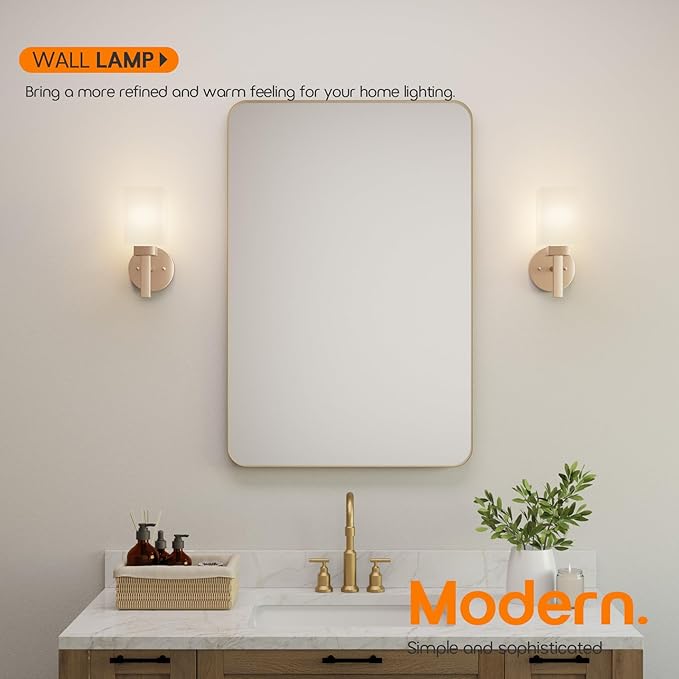 Bathroom Vanity Lighting Fixtures with White Frosted Glass Shade, Champagne Bronze Wall Lamps Over Mirror for Bedroom Living Room, 2 Pack T002CPG-L1-P2