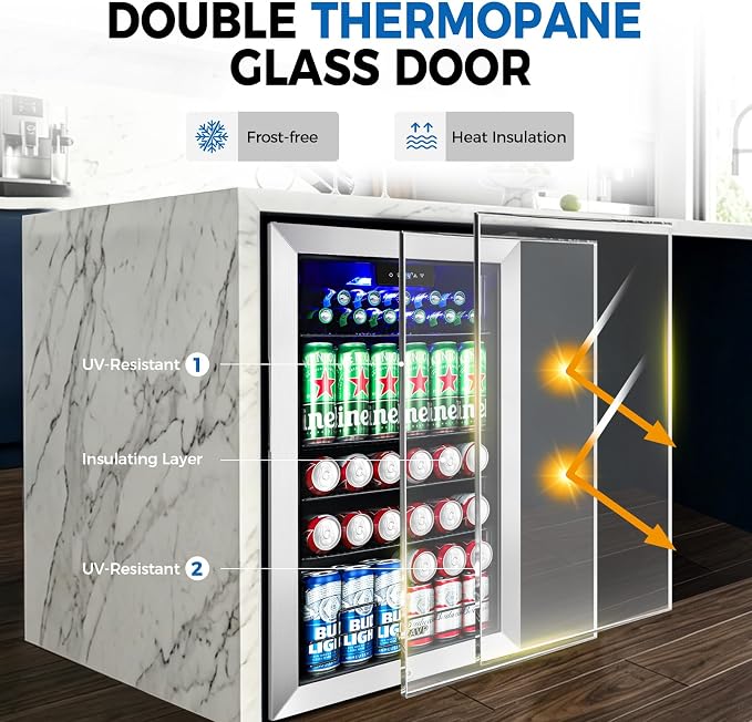 20 Inch Beverage Refrigerator Cooler, 145 Cans Mini Fridge with Glass Door&Lock, Small Drink Cooler Freestanding/Counter-Top for Soda, Beer with LED Light for Home Bar Office - 3.4 Cu.Ft, Silver