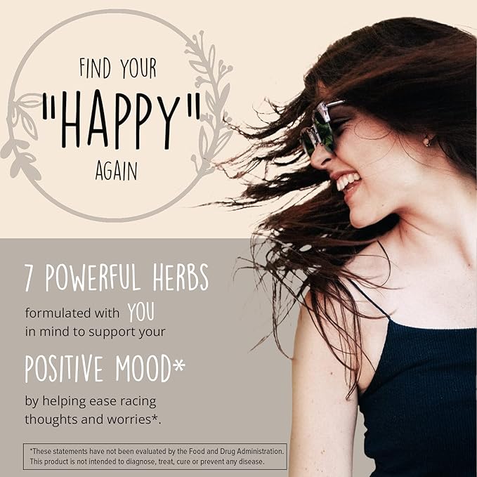 Joy-Filled Mood Support Supplement with St. Johns Wort | Stress Relief – Helps Calm The Mind & Body | 100% Plant-Based Happy Pills, Ashwagandha, Rhodiola Rosea, Eleuthero | Herbal Adaptogens, 60 Ct
