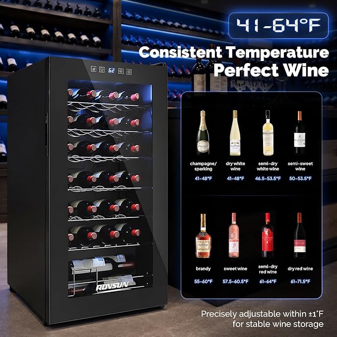 ROVSUN 28 Bottle Wine Fridge, Freestanding Compressor Wine Cooler Refrigerator, Beverage Wine Chiller with Digital Temperature Control & Double-layer Glass Door for Red White Wine, Champagne, Beer