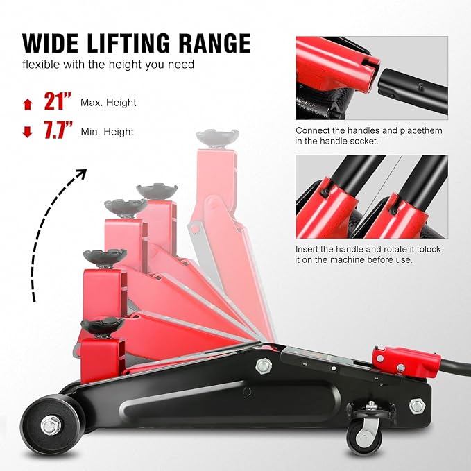 DNA Motoring 3 Ton Low Profile Floor Jack, 3 tons (6000 lbs) Capacity Fast Lift Hydraulic Trolley Service/Floor Jack, 7.7-21" Lifting Range, Red, TOOLS-00674-RD