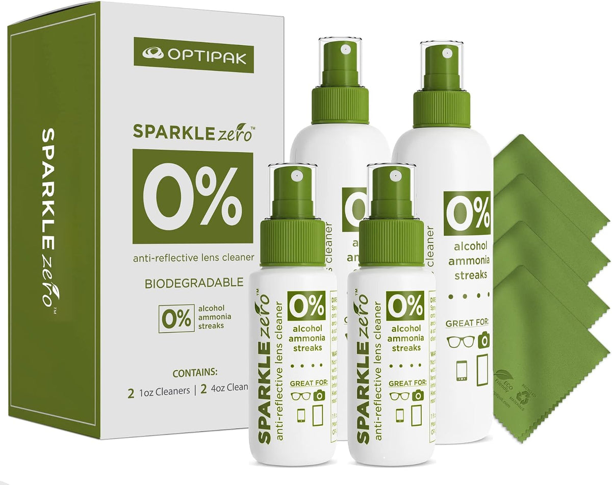 Sparkle Anti-Reflective Eco Friendly Lens Cleaner Spray Kit |(2x) 4oz + (2x) 1oz Glasses Cleaner Bottle + (4x) Microfiber Cloth for Eyeglasses, Lenses, Screens and Sunglasses Cleaning Kit(8 Piece Set)