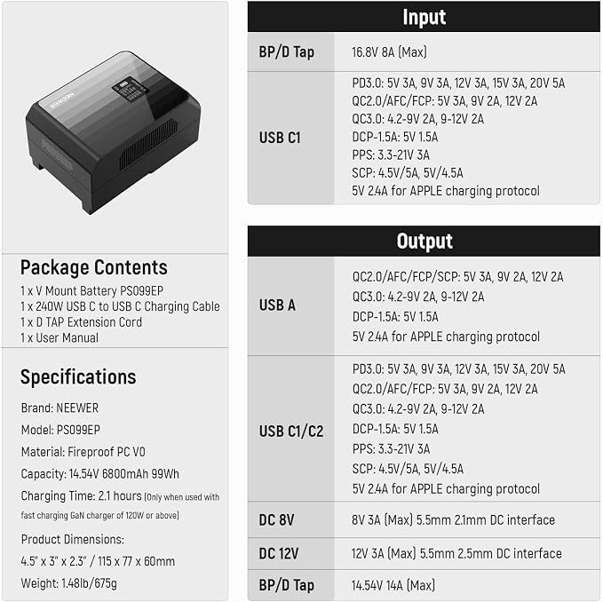 NEEWER Mini V Mount Battery PS099EP, 6800mAh 99Wh V Lock Battery