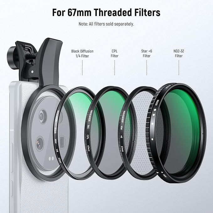NEEWER 67mm Phone Camera Lens Filter Clamp, Adjustable Threaded Filter Clip