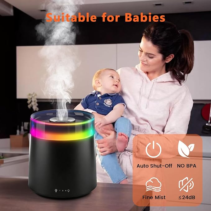 Humidifiers for Bedroom Home,3L Top Fill Cool Mist Humidifier for Baby Nursery,Essential Oil Diffuser for Large Room,3 in 1 Quiet Ultrasonic Humidifier for,Office,Plant,Nursery,BPA FREE(Black)