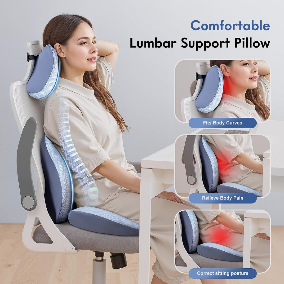 FLORICH Seat Cushion and Lumbar Support Pillow for Office Chair Car, Car Neck Pillow, Ergonomic Memory Foam Back Support for Office Gaming Chair Wheelchair, Relieves Neck, Back & Sciatica Pain – Blue