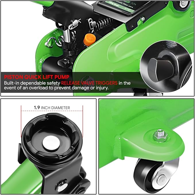 DNA MOTORING 2 Ton Car Jack and Stands Kit 2T(4000 lbs) Capacity Low Profile Hydraulic Trolley Service/Floor Jack with 2 Ratchet Stands Combo for Home Garage Shop, Green, TOOLS-00476-GR