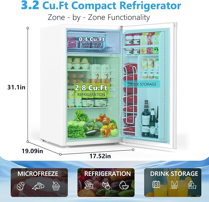 COWSAR 3.1 Cu.ft Mini Dorm Fridge for Bedroom Apartment Office, White | Reversible Single Door, Adjustable Thermostat, Energy Saving, Remove Glass Shelves, Compact Small Fridge for College Dorm