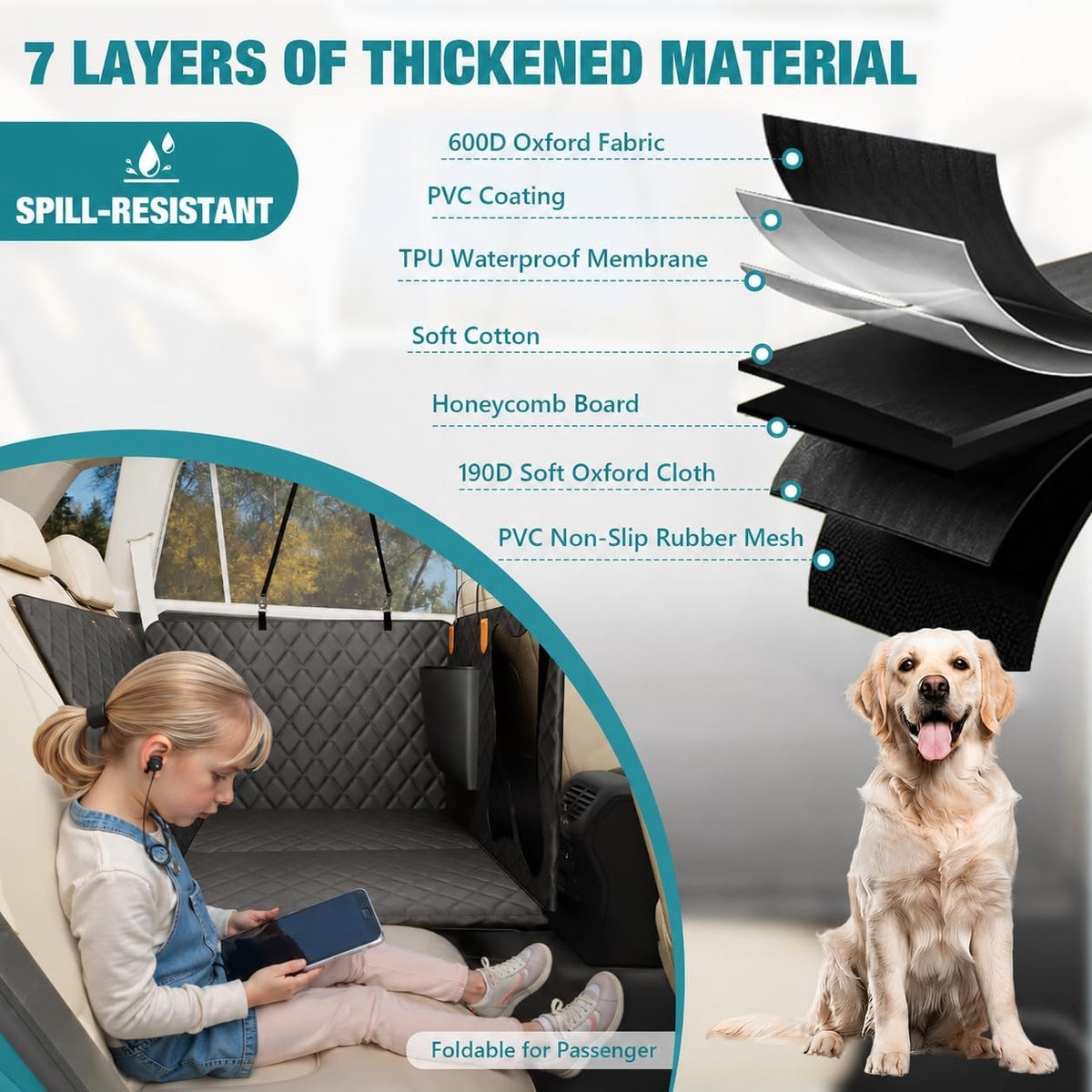 Bark Lover Dog Car Seat Cover for Back Seat – Heavy Duty Back Seat Extender for Dogs with Hard Bottom, 7-Layer Protection, Non-Slip & Scratchproof, Easy to Install (Black)