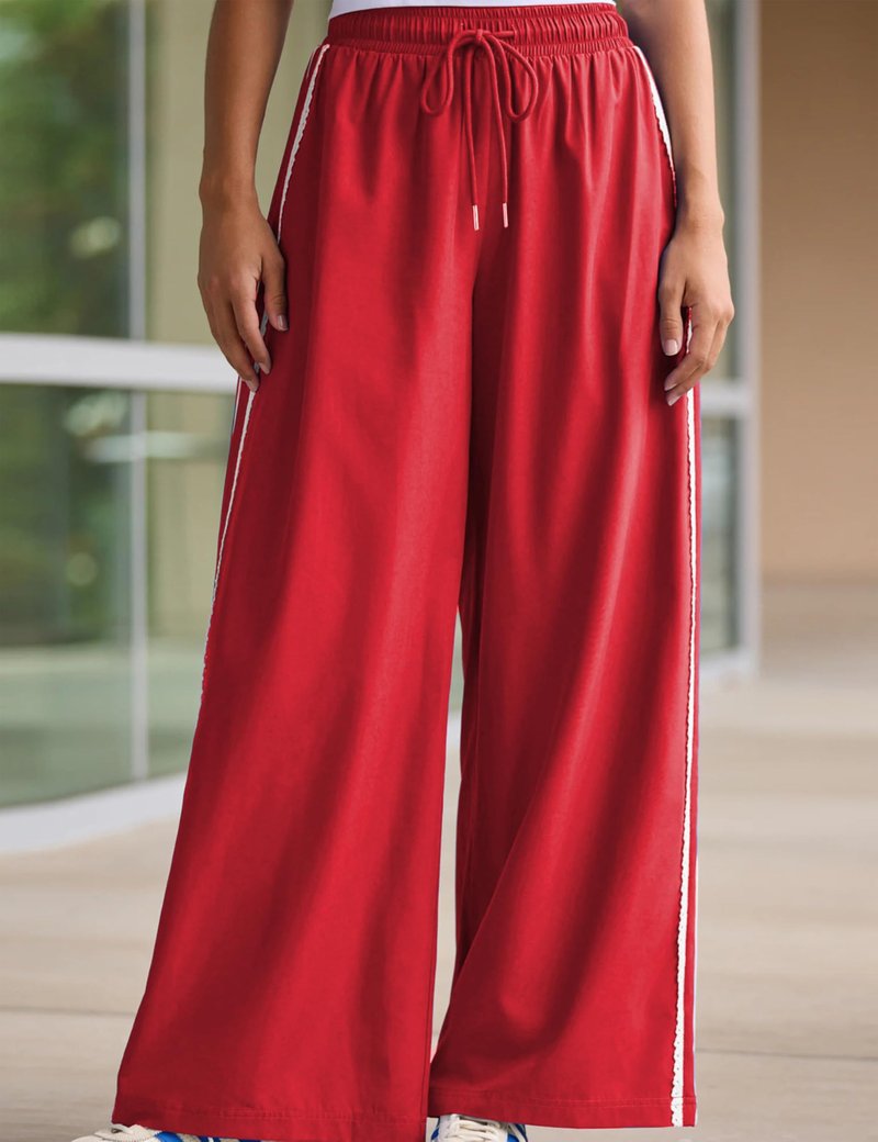 Yeokou Women's Wide Leg Sweatpants Side Stripe Crochet Slip on Drawstring Casual Running Track Palazzo Pants with Pockets (Red-S)