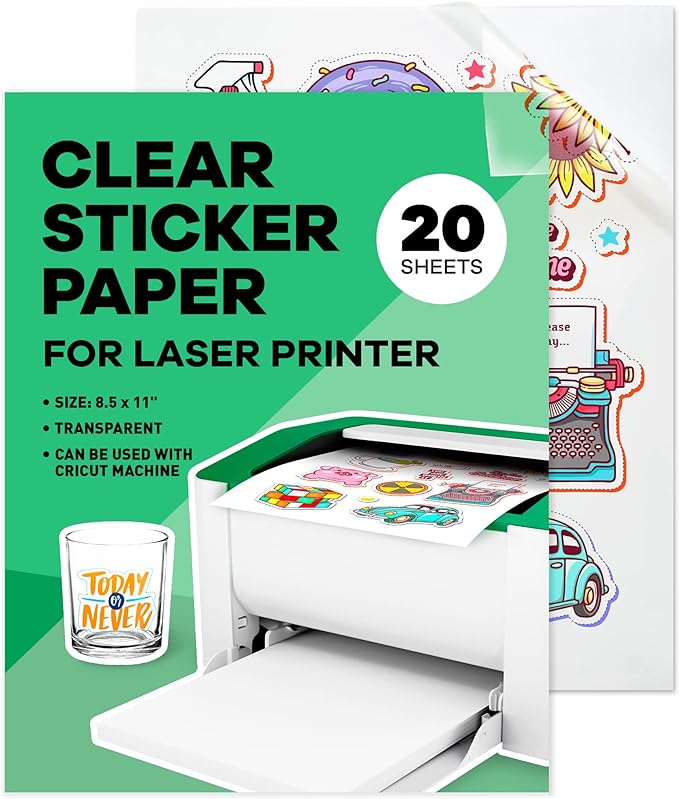 Clear Sticker Paper for Laser Printer -, 8.5 x 11" Letter Size, Glossy Vinyl