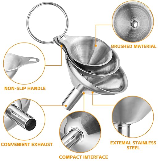 Stainless Steel Funnels 3pc Small Medium Large Metal Funnels Set with 2 Cleaning Brushes for Liquids, Essential Oils, and Spices