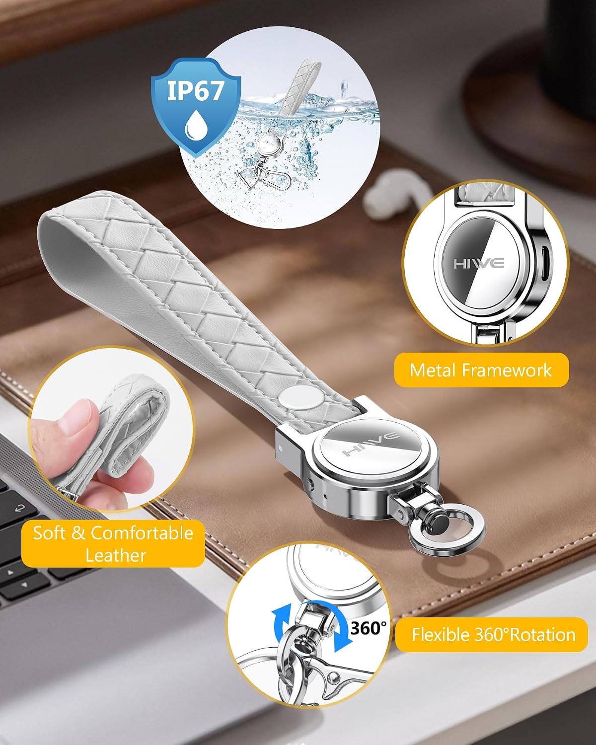HiWe Anti-Lost Keychain, Works with Apple Find My, Carabiner Car Key Holder with Texture Leather Strap, Bluetooth Key Finder Tracker, USB-C Rechargeable, White