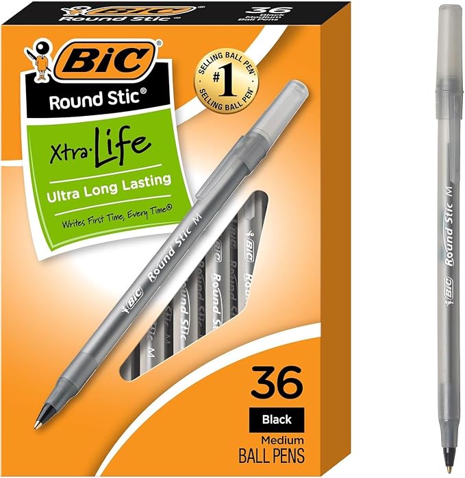 BIC Round Stic Xtra Life Black Ballpoint Pens, Medium Point, 36-Count Pack of