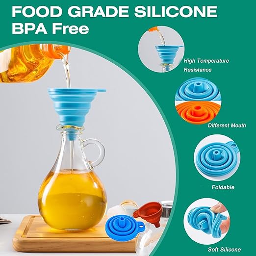Kitchen Funnel Set of 6,Large Medium and Small,2025 Upgrade Silicone Kitchen Gadgets Accessories Food Grade Collapsible Funnels for Kitchen Use Filling Bottles Liquid Powder Transfer