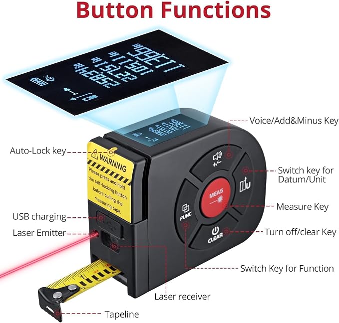 BINTA 2-in-1 Laser Tape Measure, 164Ft/50M Laser Measurement Tool & 16.5Ft/5M