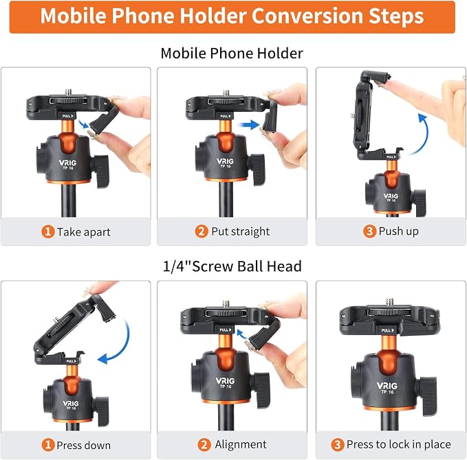 VRIG TP16 Camera Tripod, 5 Levels Adjustment 360° Ball Head Loads Up