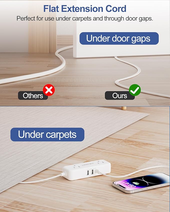 Flat Plug Power Strip - 5 Ft Thin Flat Extension Cord with 4 AC Outlets 3 USB Ports (5V/3.4A 17W), Flat Outlet Wall Plug Compact for College Dorm, Travel, Home, Office Desk Accessories