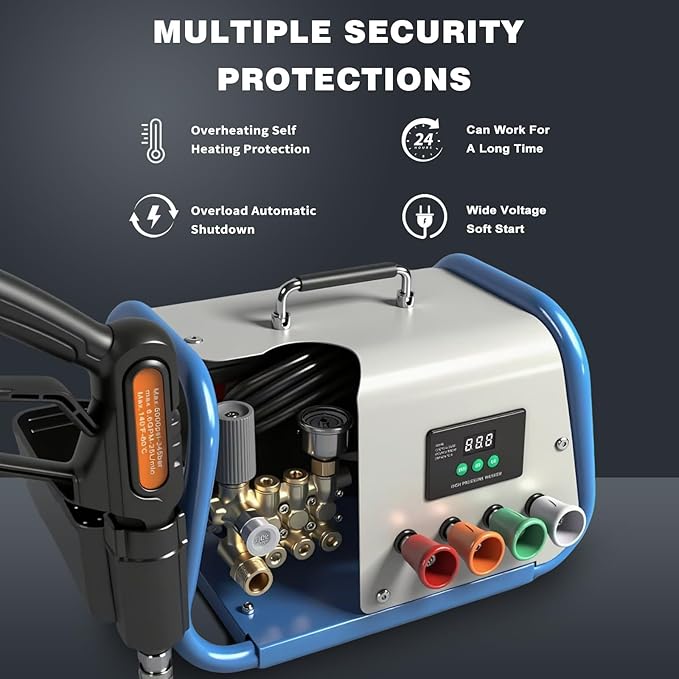 Yoking Pressure Washer, Max 150 bar, 12L/min, Power Washer for Cars, Driveways, Patios, Decks & Sidewalks, PM Inverter 3HP Motor,Horizontal Triplex Pump,60dB Quiet,with 7 Nozzles,Dual Wall/Floor Mount