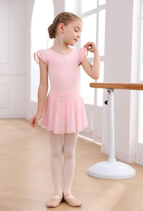 MdnMd Girls Ballet Leotard Dress - Toddler Ballerina Outfit with Flutter Sleeves & Hollow Knot Back
