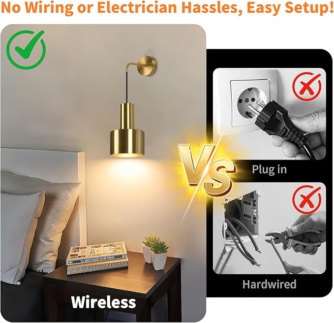 VerRon Rechargeable Battery Operated Wall Sconce Set of Two, Gold Wireless Battery Powered Lights with Dimmable Detachable Bulbs & Remote, Modern Sconces Wall Decor for Bedroom Living Room Hallway