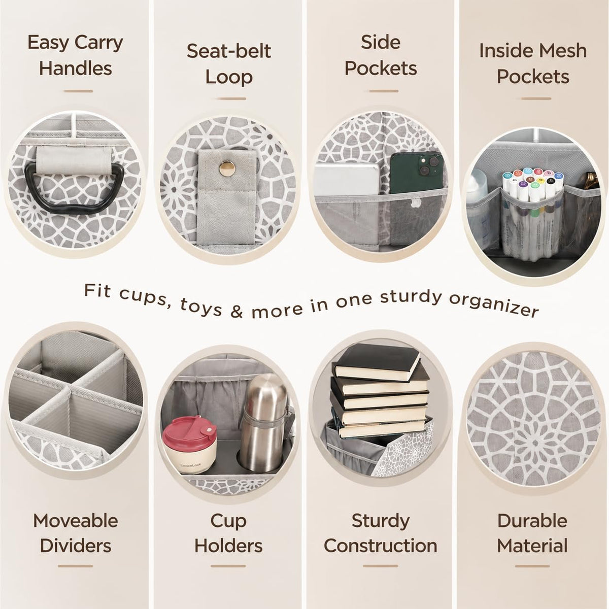 CROS 2 Pack Car Seat Organizer with Metal-Reinforced Cup Holders, 12 Storage Compartments Backseat Car Organizer, Travel Essentials for Kids Toys & Snacks, Non-Slip Seat Storage for SUV, Truck, Print