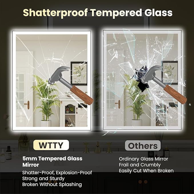 WTTY 30"X36" LED Bathroom Mirror with Black Frame, Bathroom Vanity Mirror with Lights for Wall, Front Light and Backlit, Anti-Fog, Dimmable, 3 Colors, Shatterproof, Memory, Horizontal/Vertical
