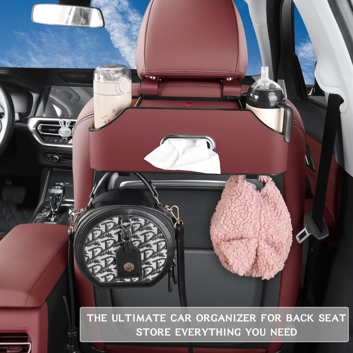 HOLDCY Car Back Seat Organizer with 2 Drink Cup Holder - Tissue Box and Storage Box Hook - Multi-functional Storage - Great for Kids and Travel (Red)
