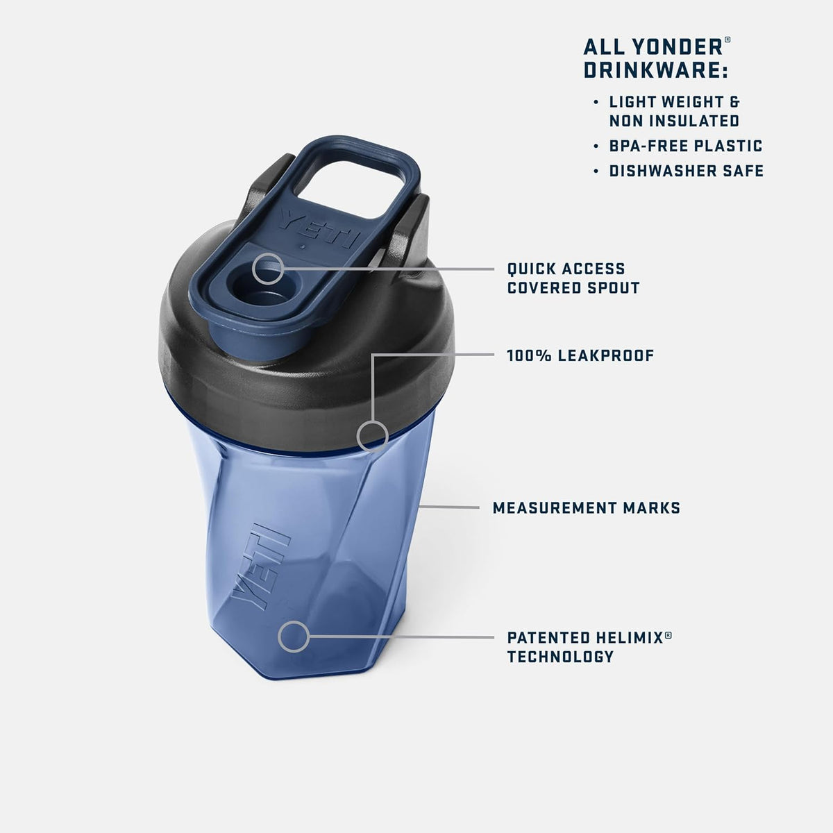 YETI Yonder Helimix Vortex Blender Shaker Bottle - 20oz Portable Protein Cup | Navy, USA Made, Dishwasher Safe