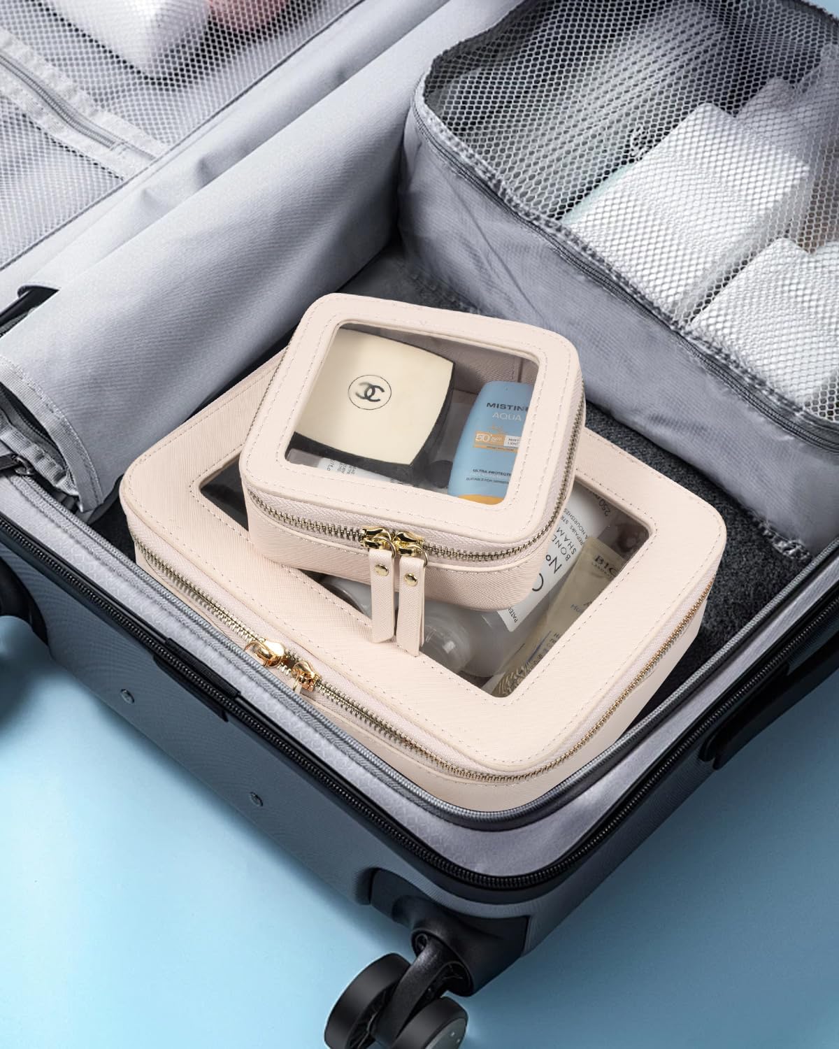 LETGO 2 Pack Clear Travel Toiletry Bag for Women, Large & Mini Waterproof PU TSA Approved Cosmetic Pouches,Portable See Through Clear Mahjong Tile Bag with Handle