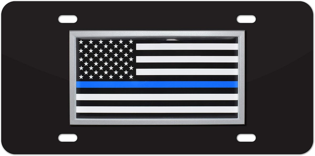 Elektroplate Police Thin Blue Line USA Flag All-Metal Black Decorative Front Plate with 3D Emblem | Weatherproof Automotive Accessory for Cars, SUVs, Trucks (12" x 6")