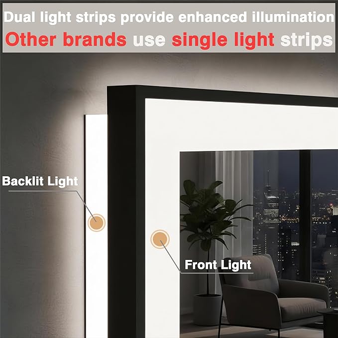 72x32 LED Bathroom Vanity Mirror - Black Aluminum Framed (Front and Backlit), Anti-Fog Large Mirror with Lights,Stepless 3 Colors Dimmable Lighted Mirror(Horizontal/Vertical)