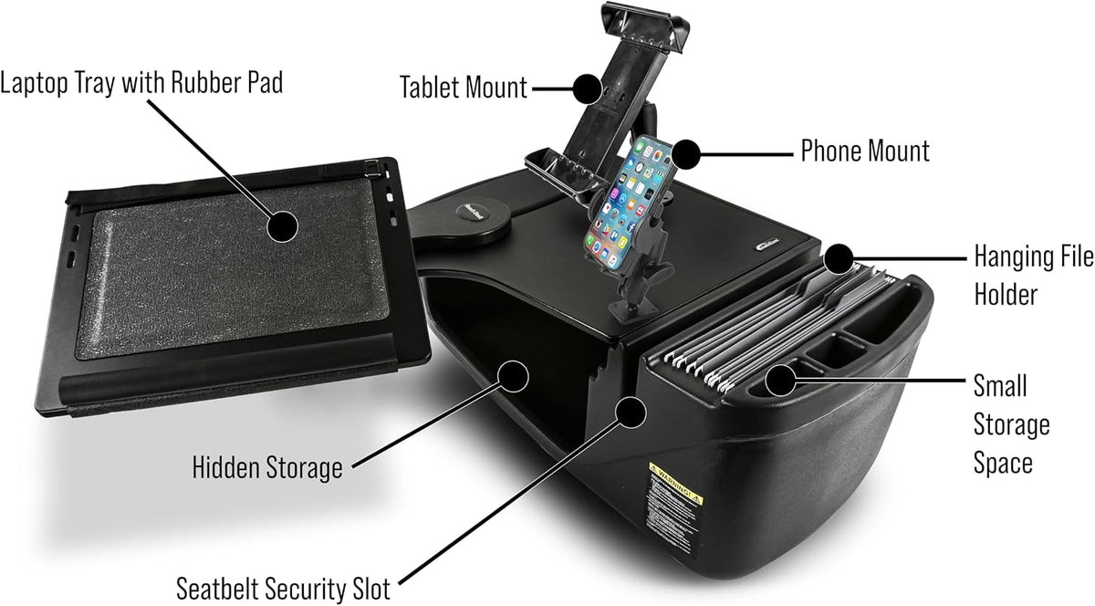 AutoExec Reach Car Desk for Your Vehicle Workstation and Mobile Office, Front Seat, Black with Phone Mount and Tablet Mount