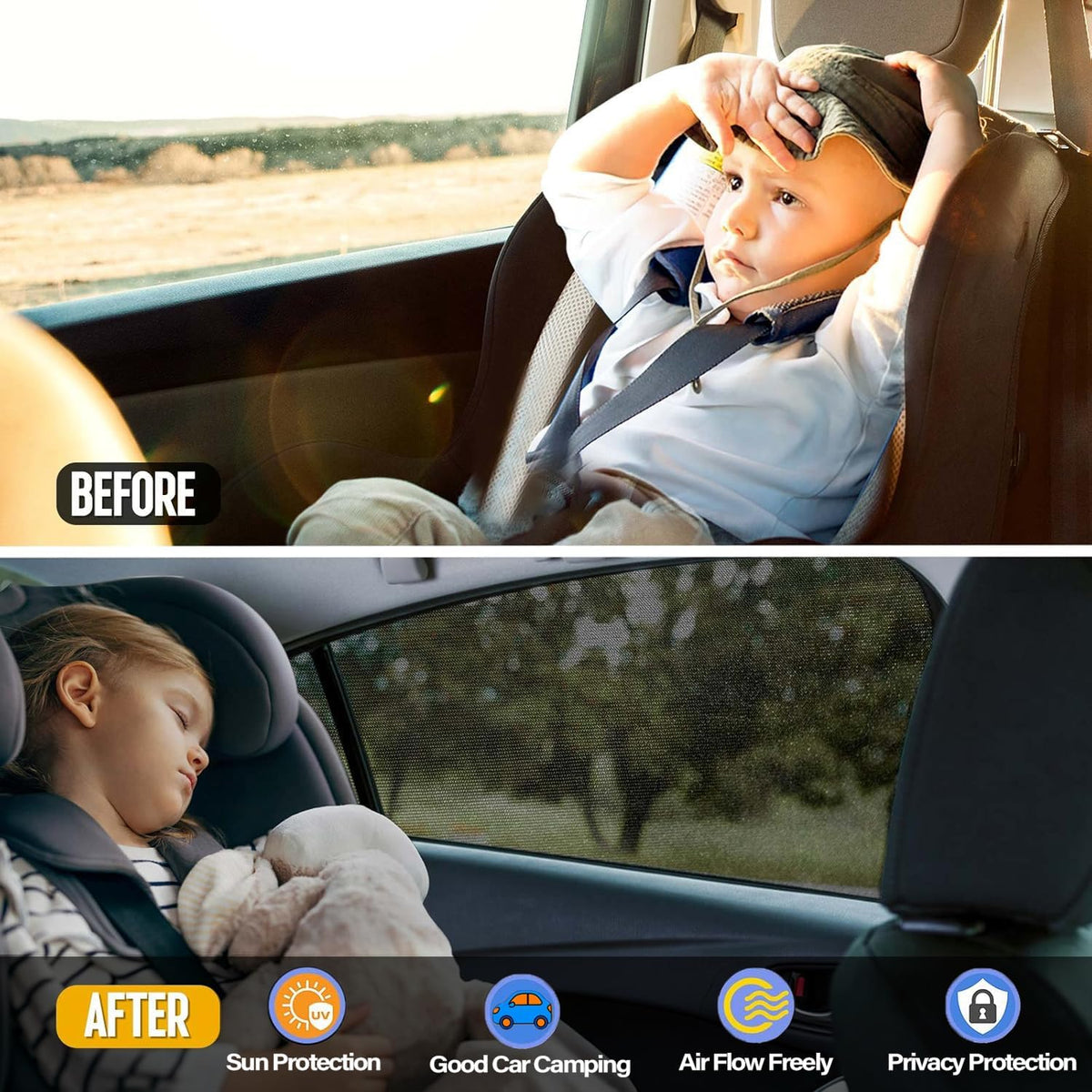 Upgraded Car Rear Side Window Shades, Breathable Mesh Stretch Window Covers Screens for Camping, UV Protection, Block Sun Glare,Privacy Protection,Fit for 97% of Cars -2 Pack