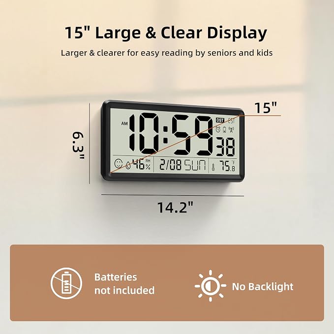 EASYERA 15'' Large Digital Wall Clock Battery Operated, Atomic Clock