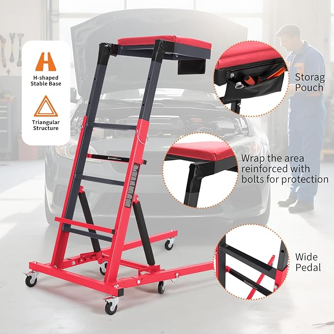 Topside Automotive Creeper,Engine Topside Creeper with Adjustable Height 48"-66", 400 Lbs Heavy-Duty Foldable Garage Creepers, 6 Swivel Casters, Padded Deck, Tool Pouch, for Truck/SUV Garage Mainten