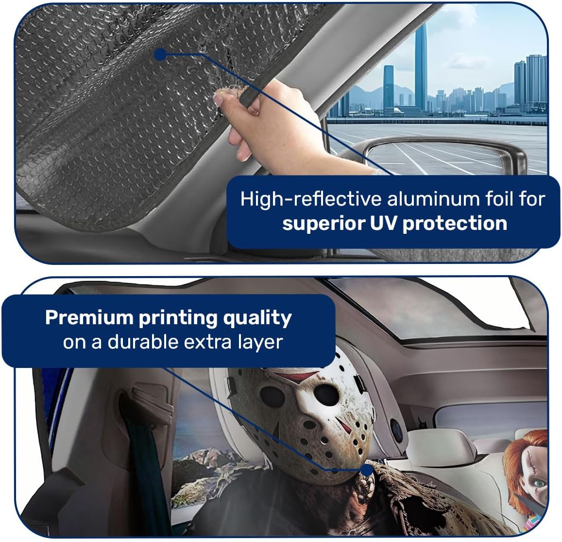 GENANY Horror Movie Character Windshield Sun Shade for Car SUV Truck (55x30 inches), Sun Shade Windshield, Shades for Windows, Protector Blocks UV, Car Décor