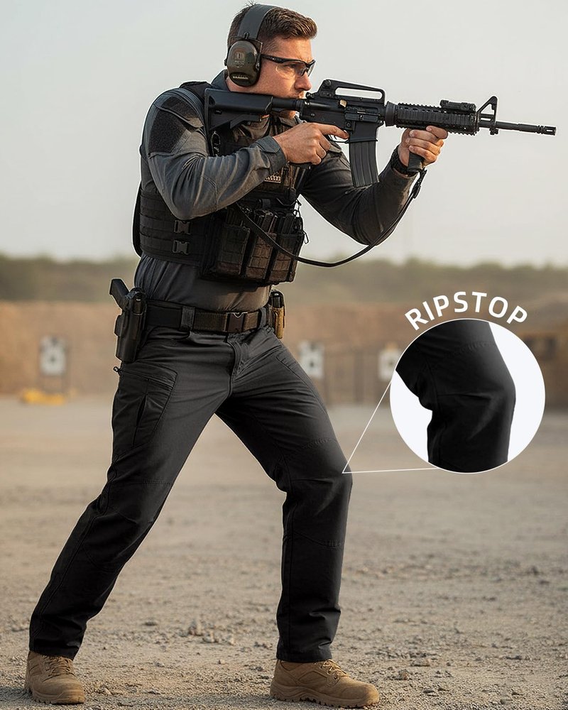 PIDO YOGA Men's Stretch Tactical Pants Waterproof Ripstop Fabric Cargo Pants Lightweight Casual Hiking Outdoor Work Pants (No Belt),Black