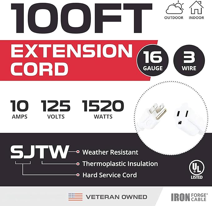 Iron Forge Cable Weatherproof 100 Ft Outdoor Extension Cord - 16/3 SJTW Heavy Duty White Extension Cord 3 Prong - 13 Amp Exterior Power Cable