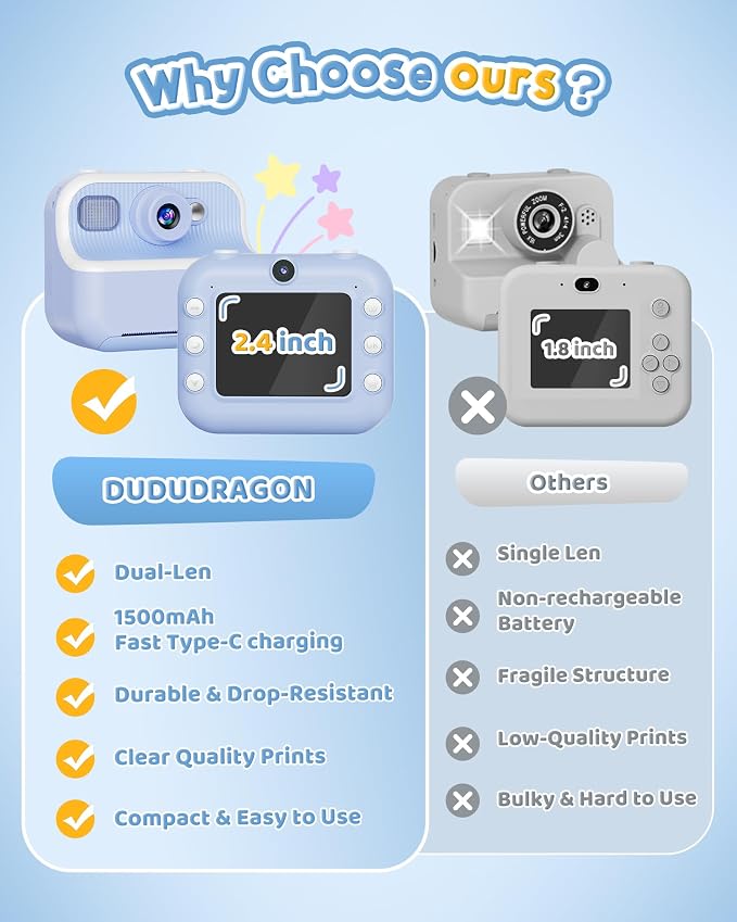 Instant Camera, Front Rear Dual Selfie Kids Camera