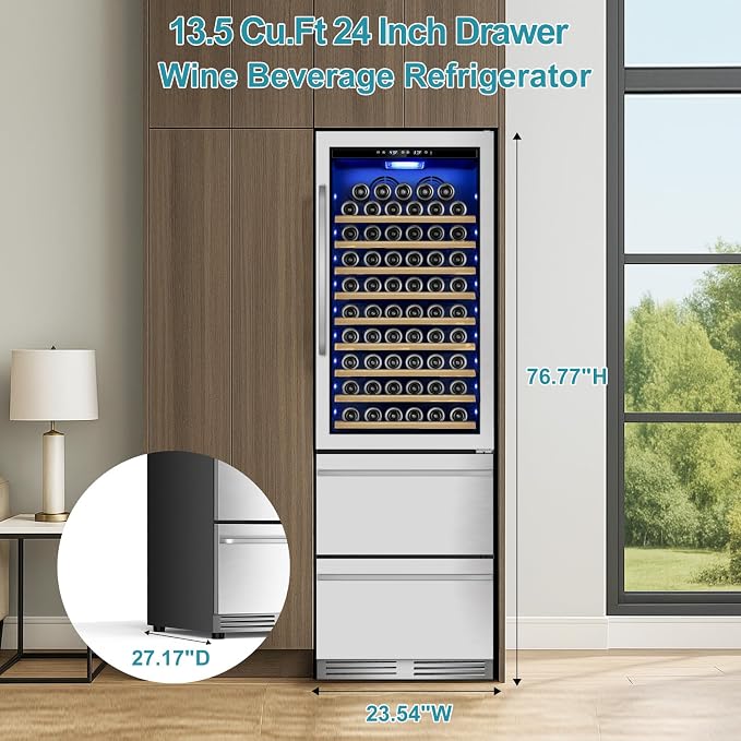 Wine and Beverage Refrigerator, 24'' Dual Zone Wine Fridge with Dual Drawers, Holds 160 Cans and 120 Bottles, Reversible Door, Built-In or Freestanding, Beverage Fridge for Home or Commercial