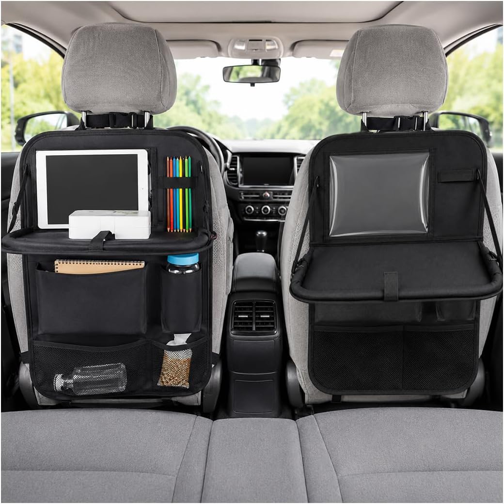 2 PCS Car Backseat Organizer with Tablet Holder, 5 Storage Pockets Auto Seat Back Protector w/Food Tray, Multifunctional Backseat Cover Storage Organizer for Most Vehicles