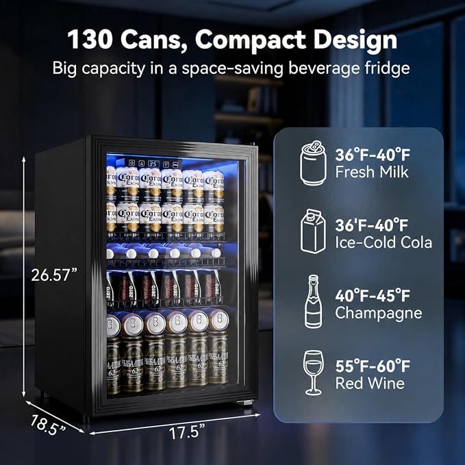 Beverage Refrigerator, 2.47 Cu.Ft Mini Fridge Beverage Cooler | Glass Door, 35–65°F Digital Temperature Display, Adjustable Shelves, Beverage Fridge for Soda, Beer & Wine